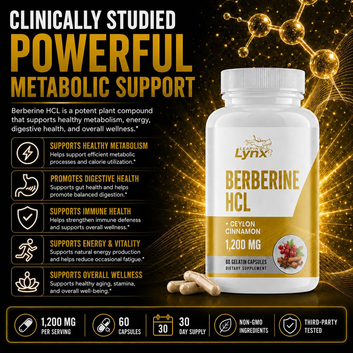 Leaping Lynx Berbérine HCl 1200mg avec cannelle de Ceylan