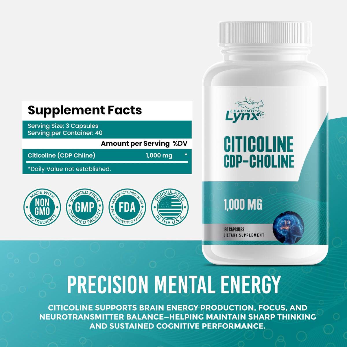 Leaping Lynx Citicoline 1000 mg capsules side view
