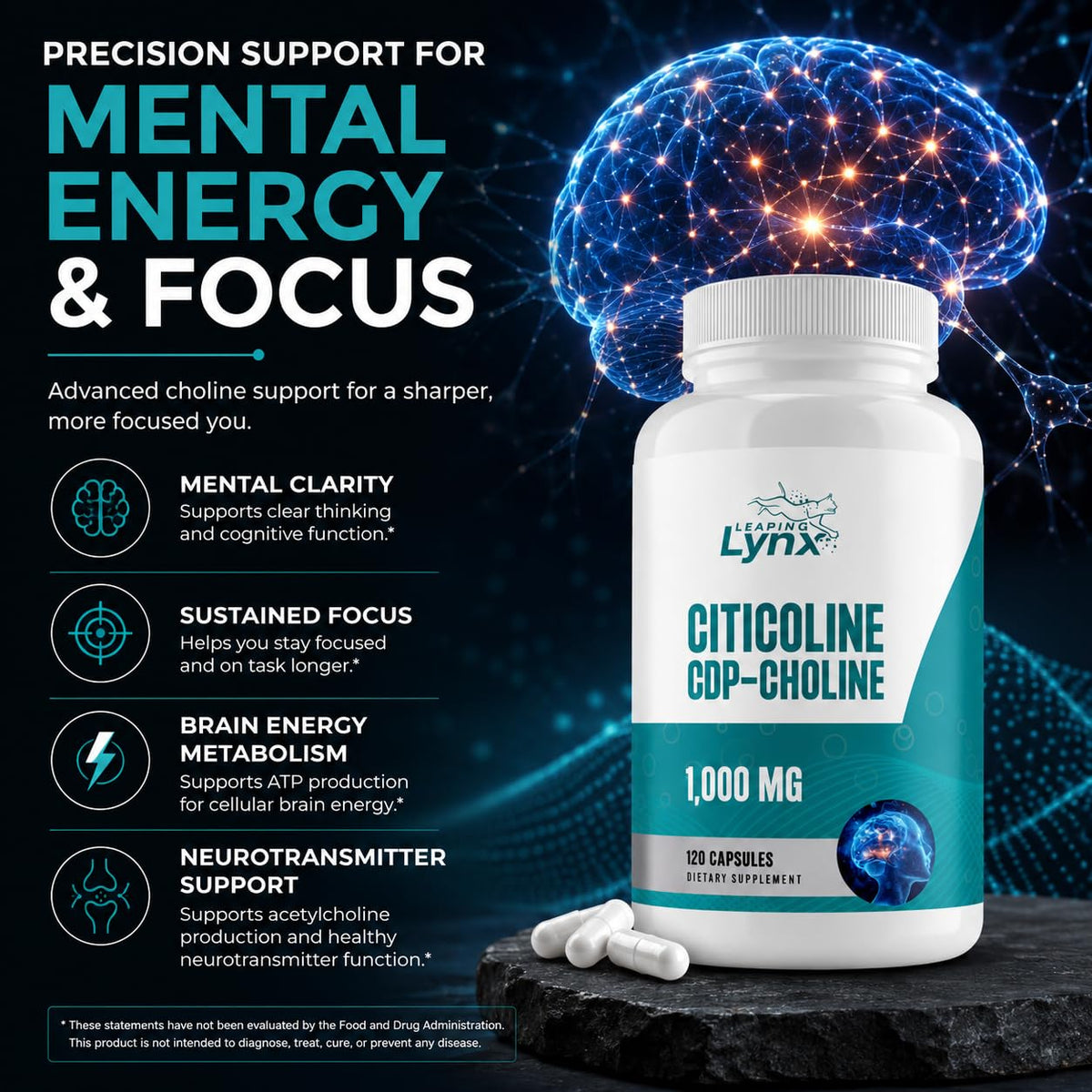 Leaping Lynx Citicoline capsules and a glass of water