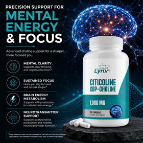 Leaping Lynx Citicoline capsules and a glass of water