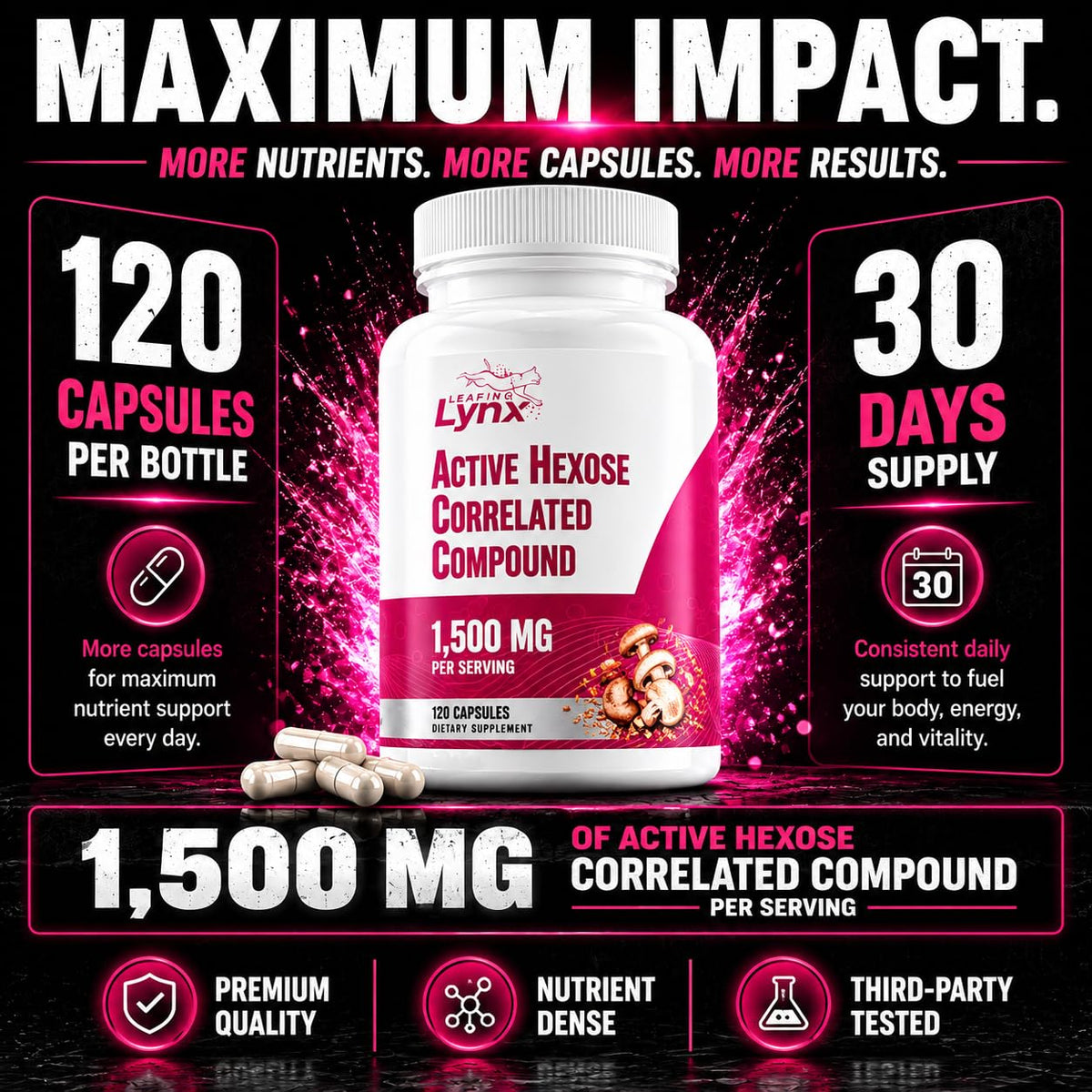 Leaping Lynx Complément Alimentaire Champignon 1500 mg 120 Capsules avec capsules visibles