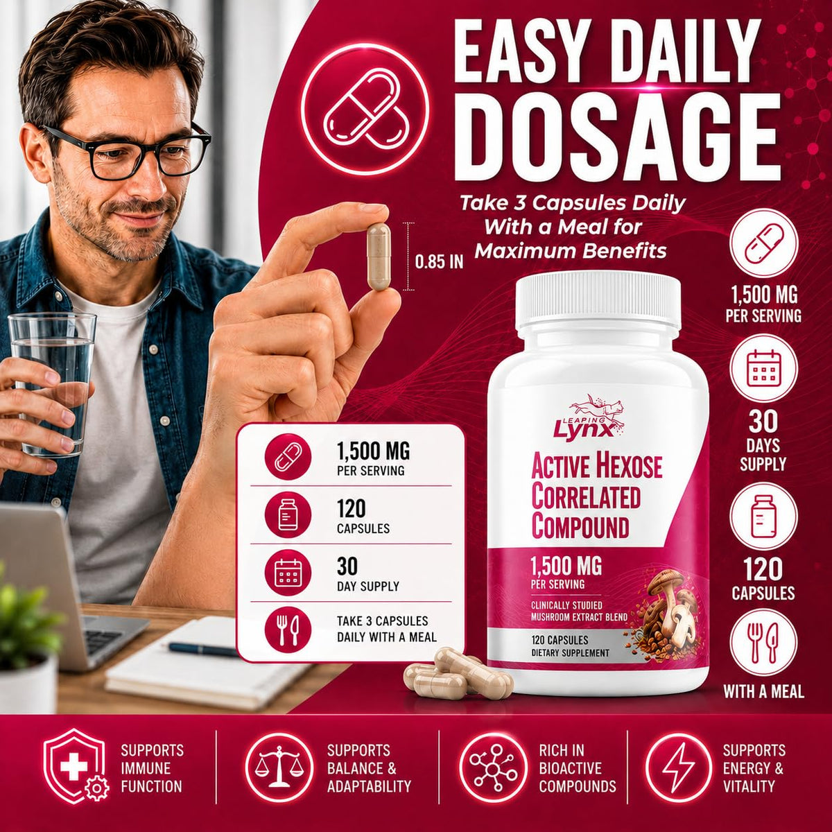 Leaping Lynx Complément Alimentaire Champignon 1500 mg 120 Capsules en situation