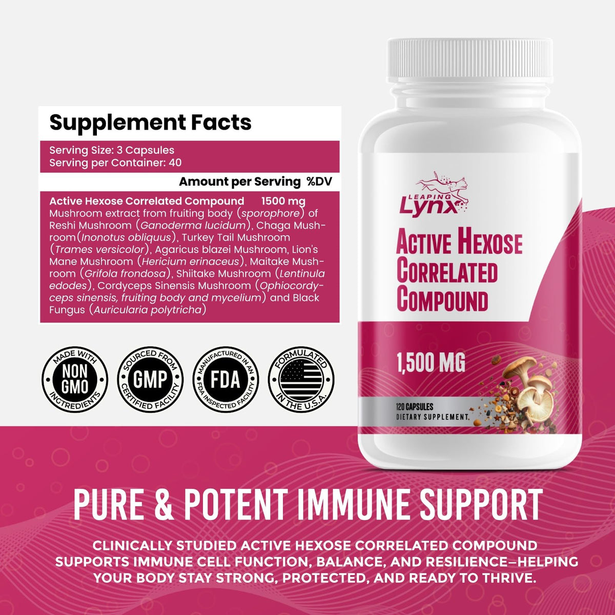 Leaping Lynx Complément Alimentaire Champignon 1500 mg 120 Capsules étiquette