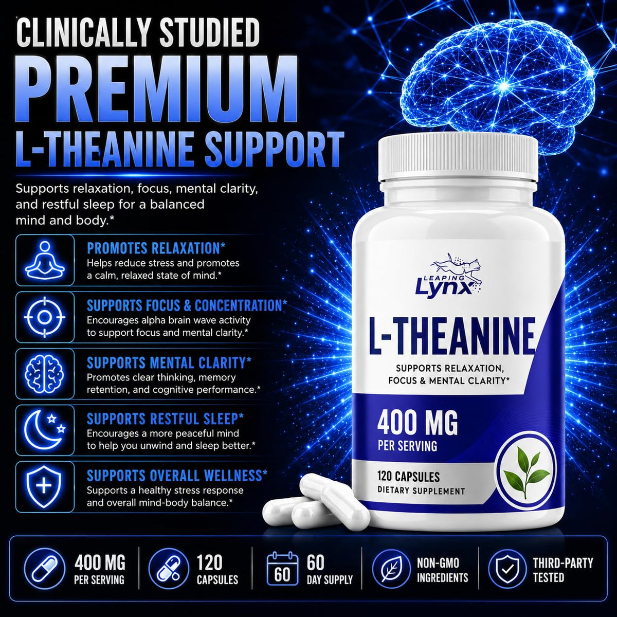 Leaping Lynx L-Theanine 400 mg bottle with label