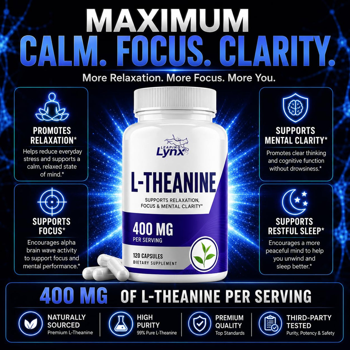 Leaping Lynx L-Theanine 400 mg capsule close-up