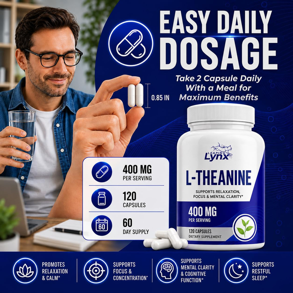 Leaping Lynx L-Theanine 400 mg capsules on a white background