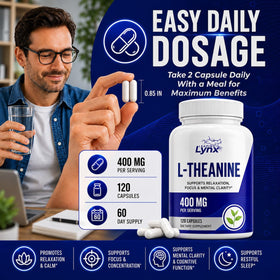 Leaping Lynx L-Theanine 400 mg capsules on a white background