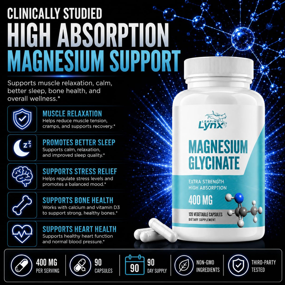 Leaping Lynx Magnésium Glycinate 400mg 120 Capsules arrière de l'emballage