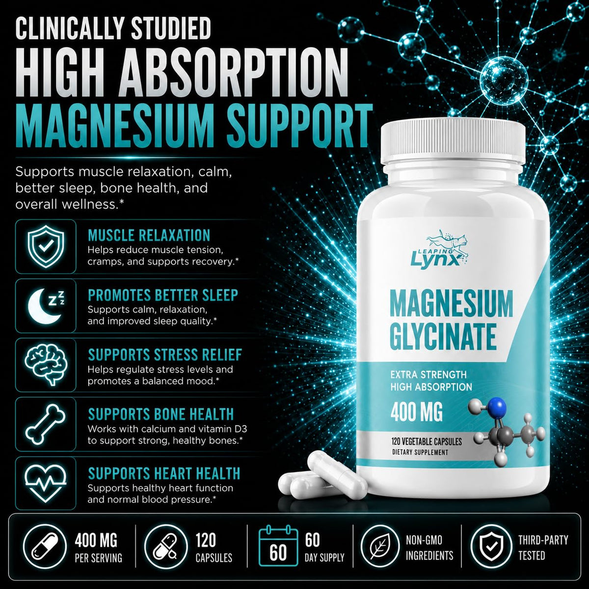 Leaping Lynx Magnésium Glycinate 400mg 120 Capsules avec étiquette visible