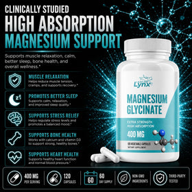 Leaping Lynx Magnésium Glycinate 400mg 120 Capsules avec étiquette visible
