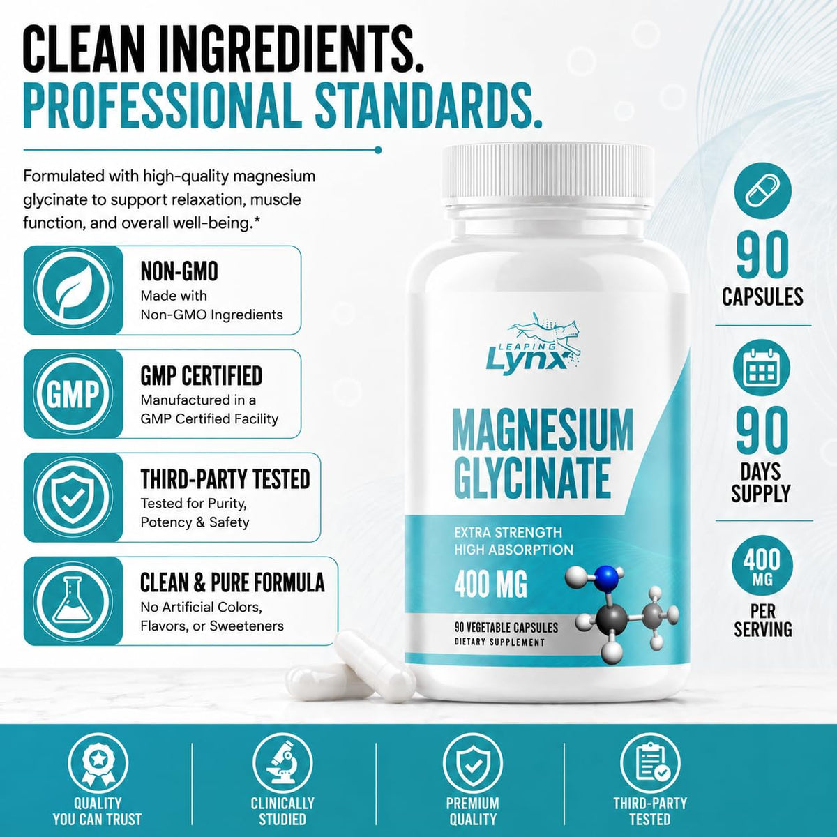 Leaping Lynx Magnésium Glycinate 400mg 120 Capsules côté avec dosage