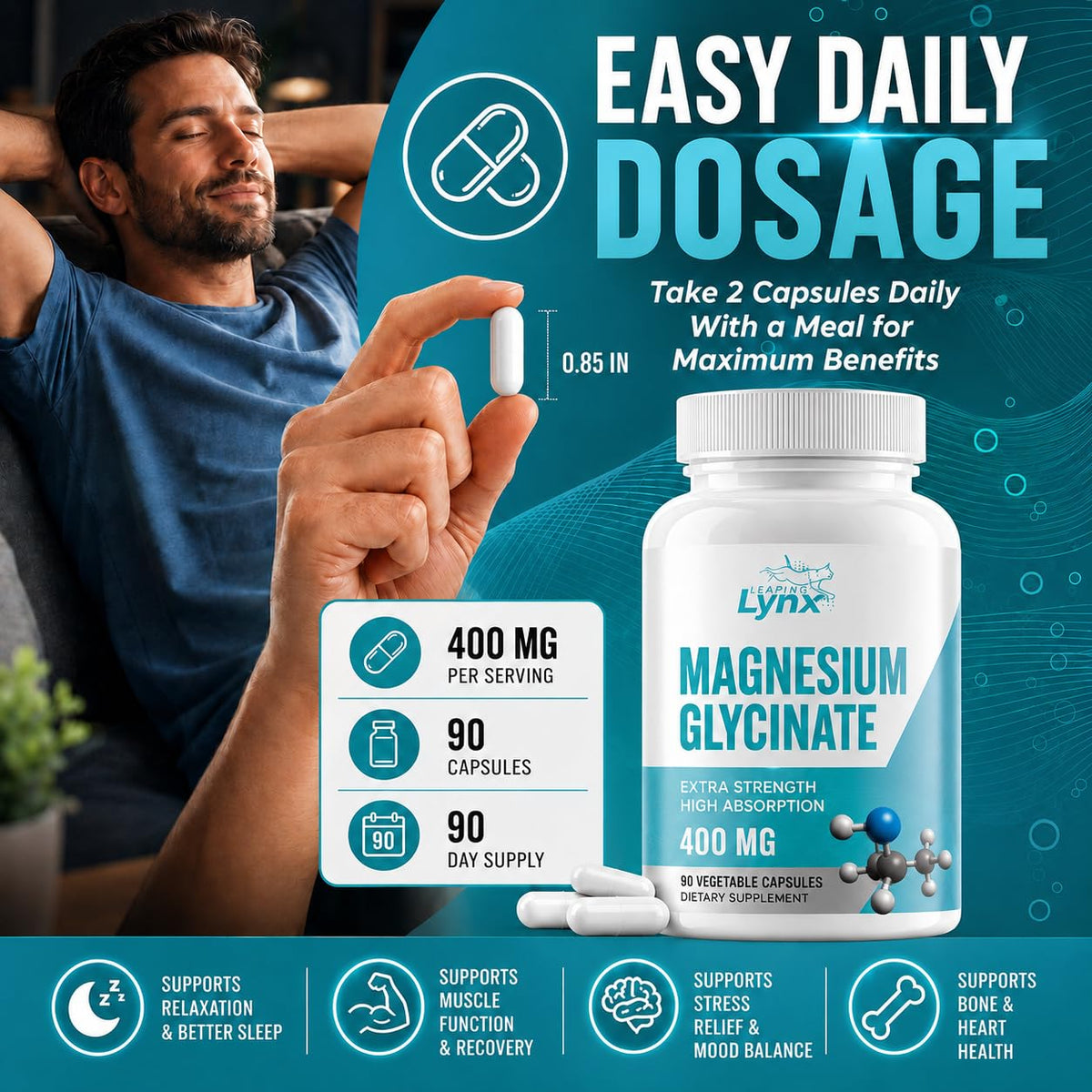 Leaping Lynx Magnésium Glycinate 400mg capsules sur une surface