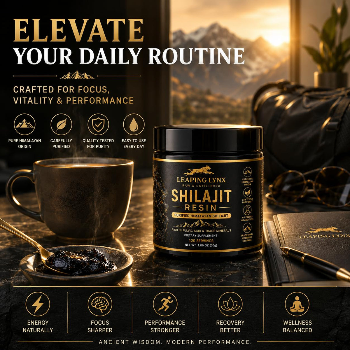 Leaping Lynx Résine de Shilajit 1 000 mg sur fond blanc