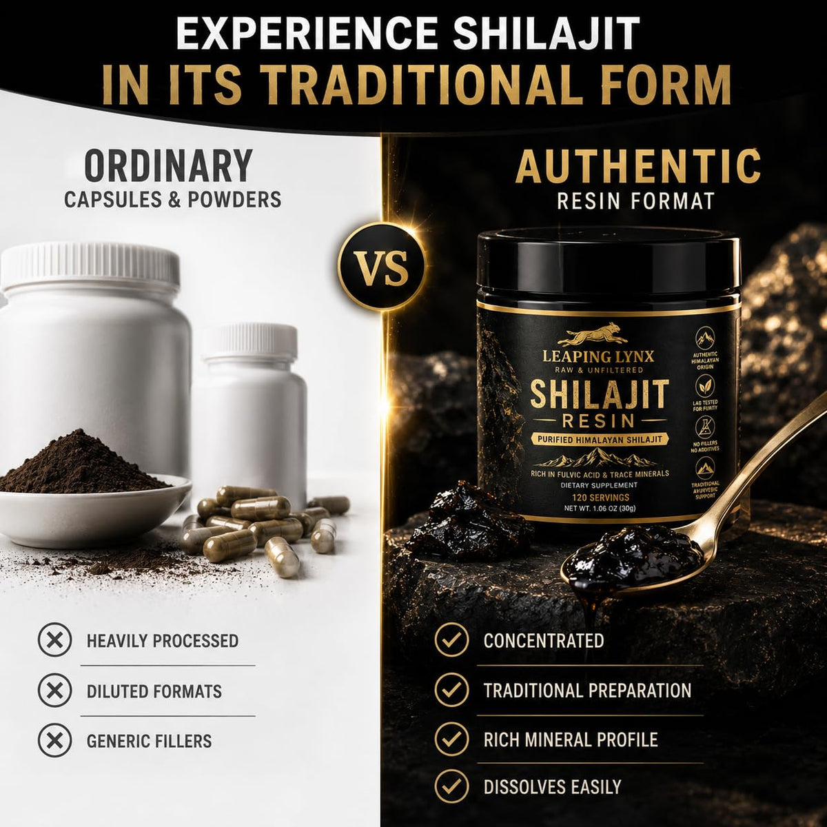 Leaping Lynx Résine de Shilajit sur une surface en bois