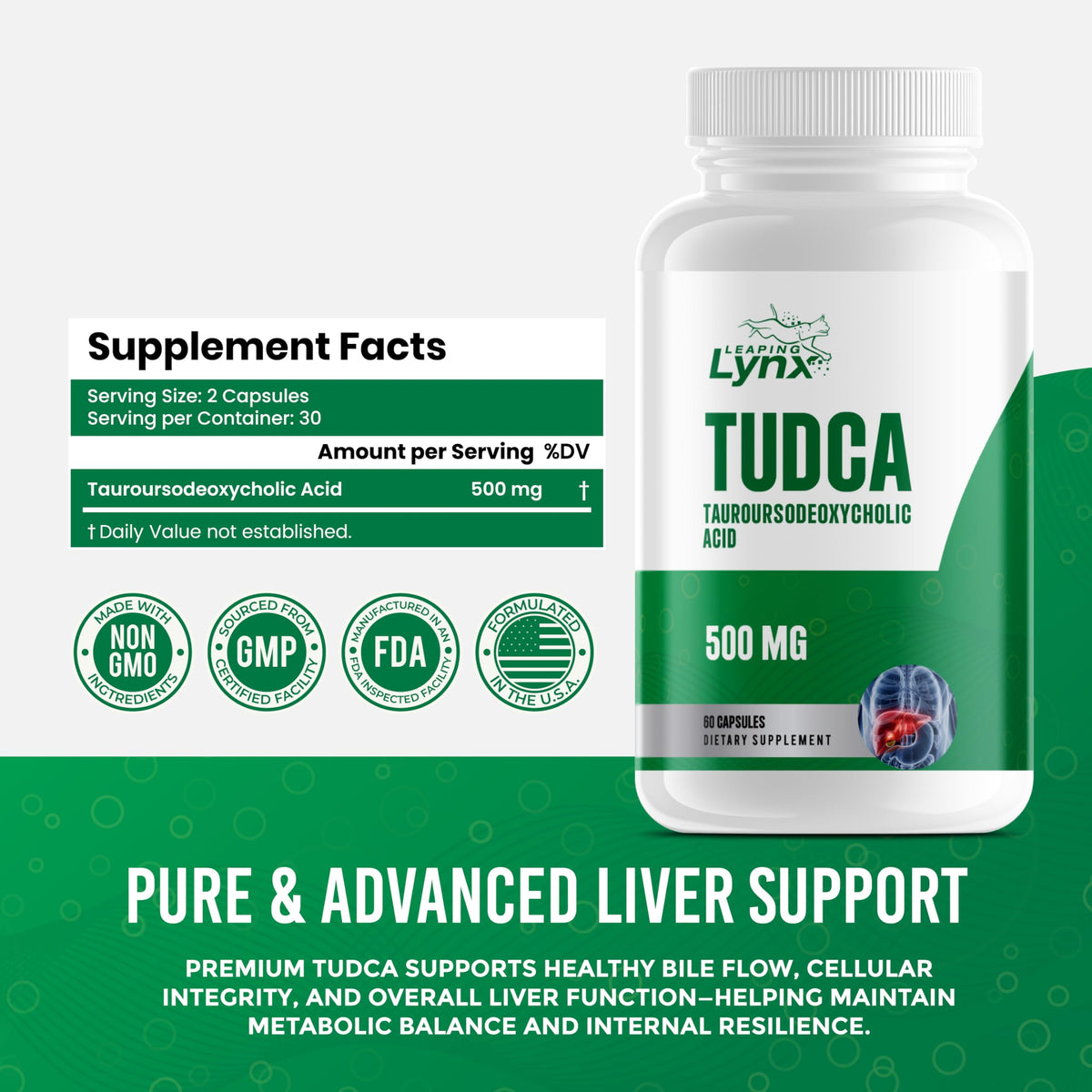 Leaping Lynx TUDCA 500mg bottle side view