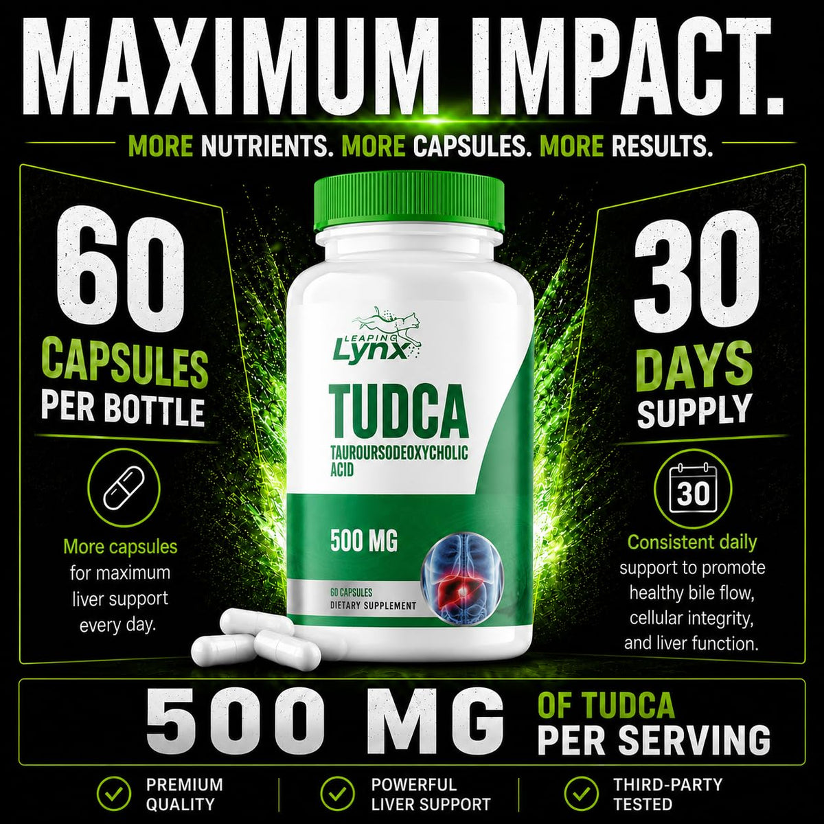 Leaping Lynx TUDCA 500mg capsules close-up