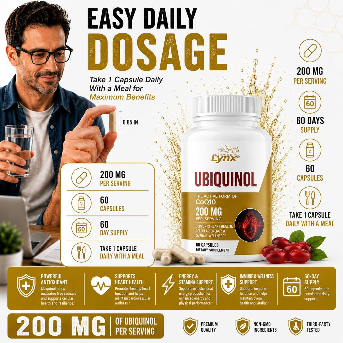 Leaping Lynx Ubiquinol CoQ10 200mg capsule sur une surface