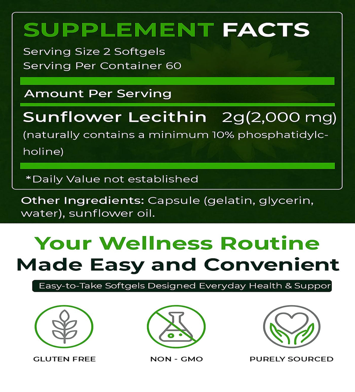 Lécithine de tournesol Natural Nutra 2000mg softgels en gros plan