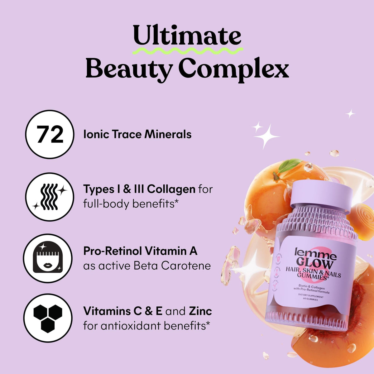 Lemme Glow Collagen Gummies side view showing ingredients