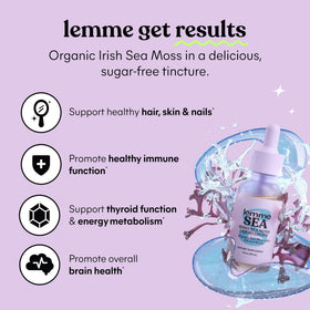 Lemme Irish Sea Moss Gouttes Liquides sur une table avec un verre d'eau