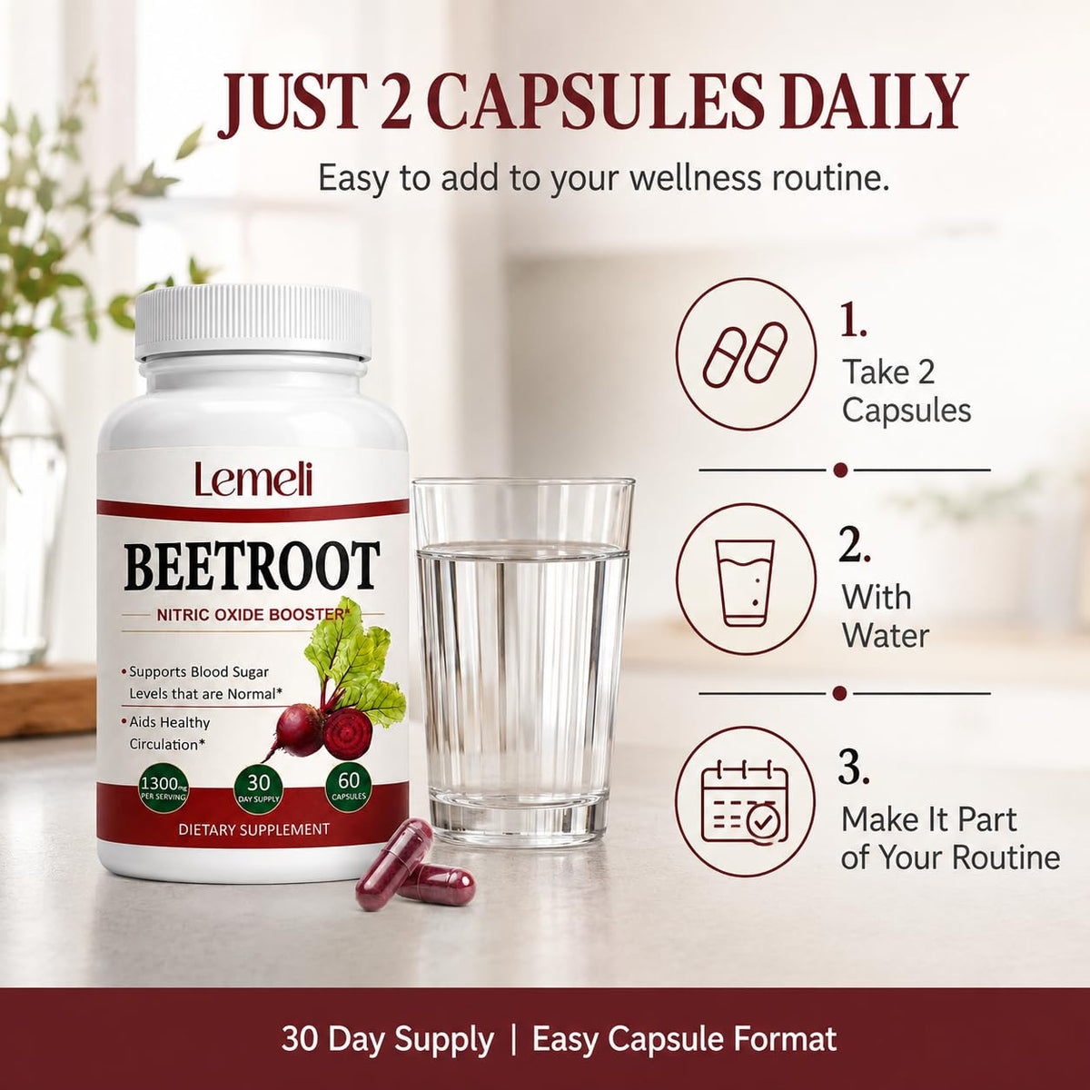 Lence Complément Alimentaire Betterave 1300mg - capsules à côté d'un verre