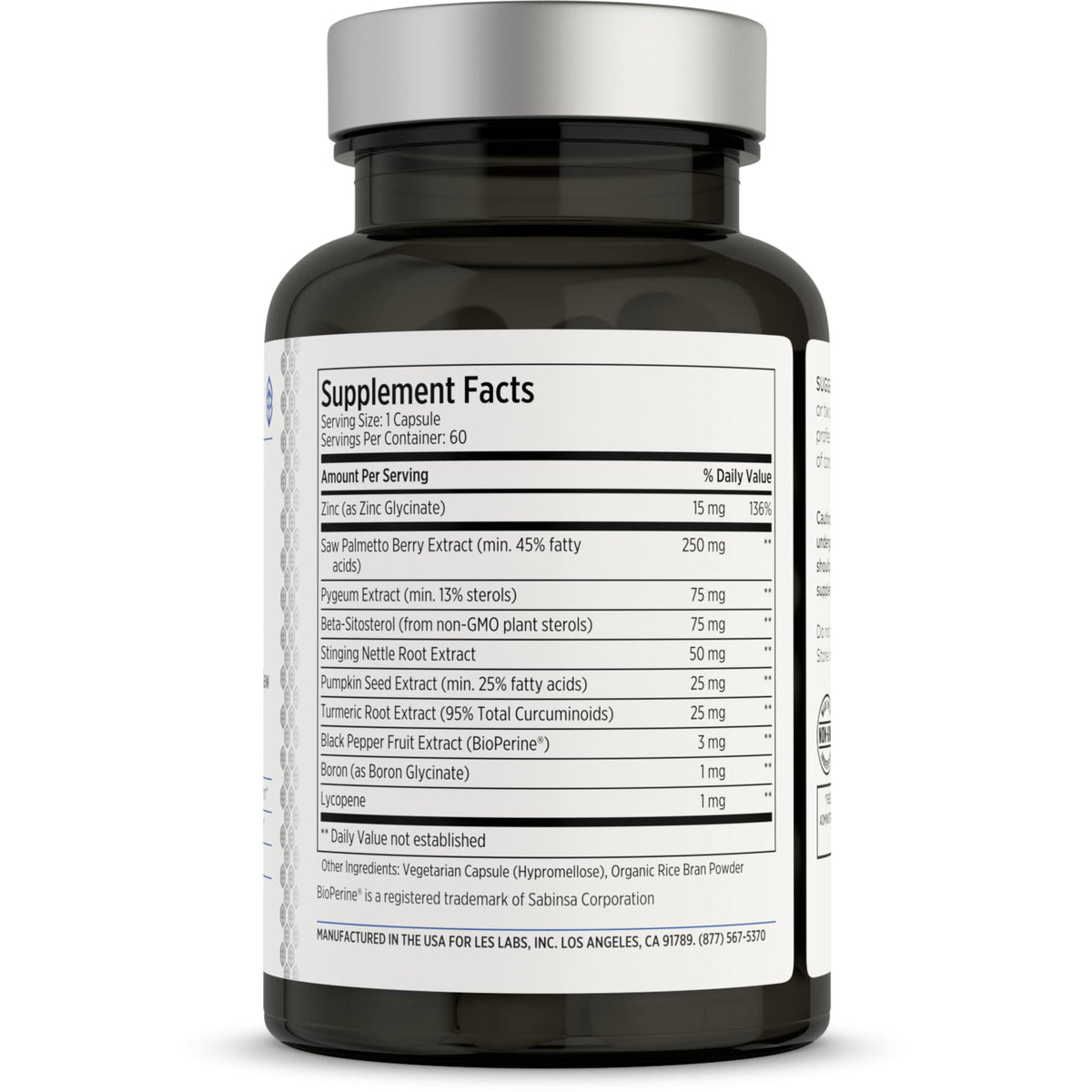 LES Labs Santé Prostatique 60 Capsules vue arrière avec informations nutritionnelles