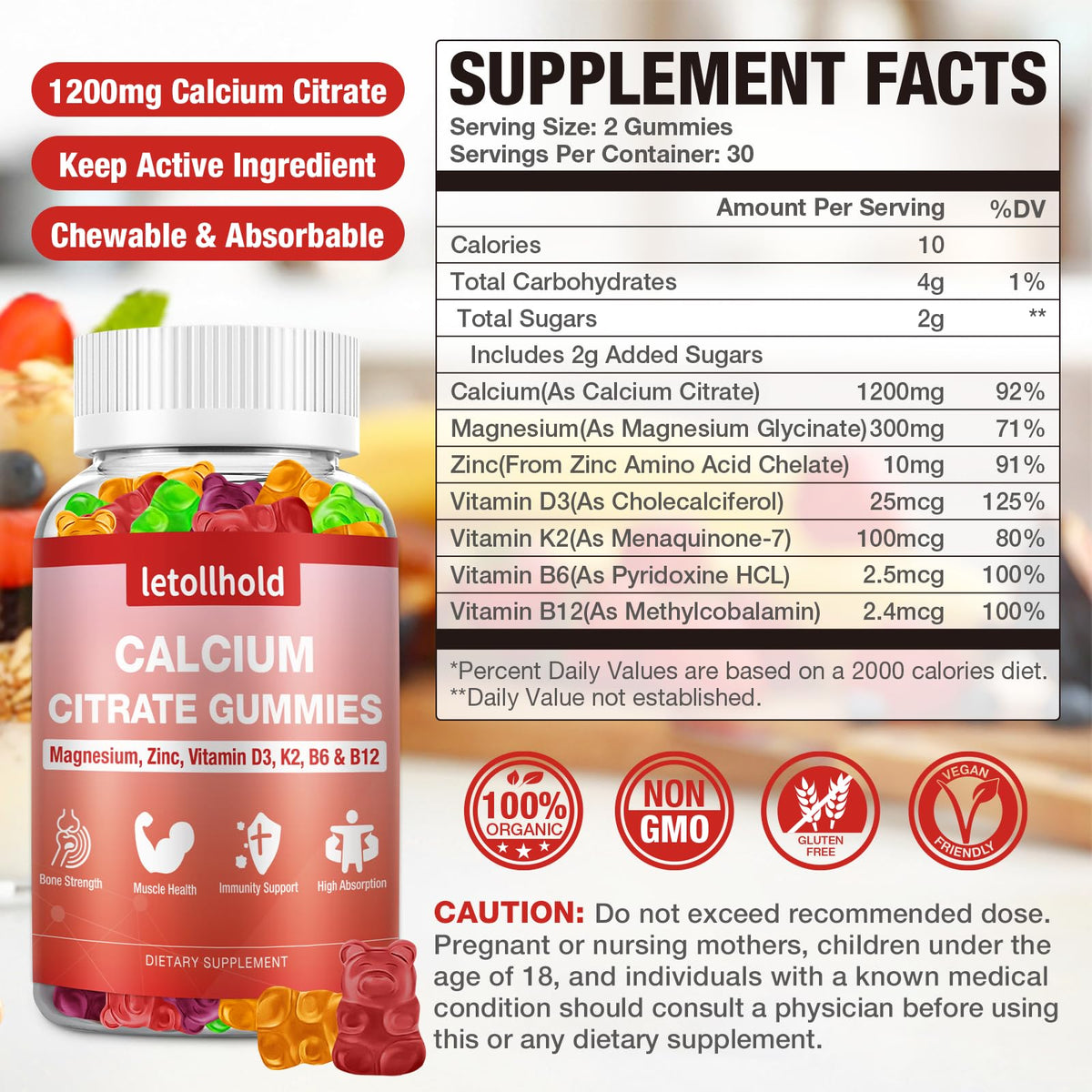letollhold Gummies Calcium Citrate 1200 mg avec fruits