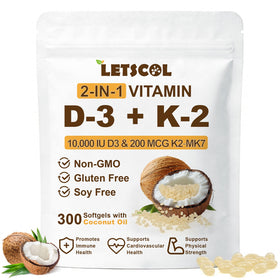 LETSCOL Complément Alimentaire 2-en-1 Vitamine D3 K2 10000 IU 200 mcg, emballage avant