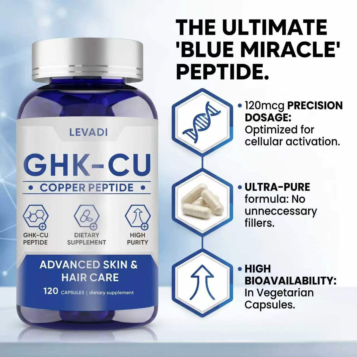 LEVADI GHK-Cu capsules végétales sur table en bois