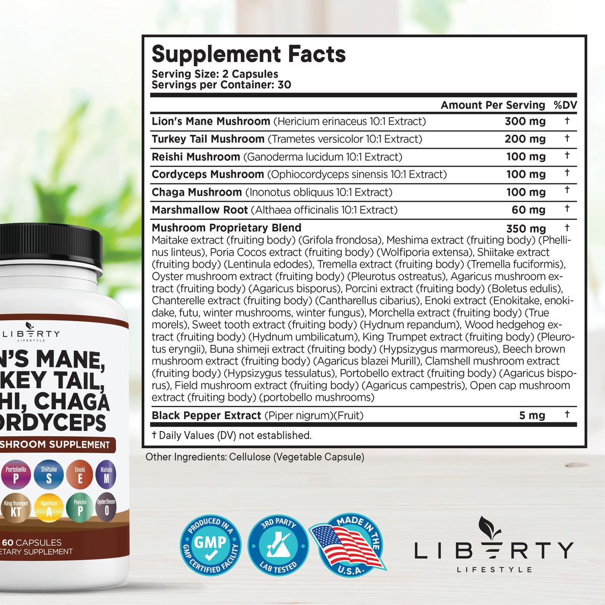 Liberty Lifestyle Complément Alimentaire Champignon flacon arrière avec informations nutritionnelles