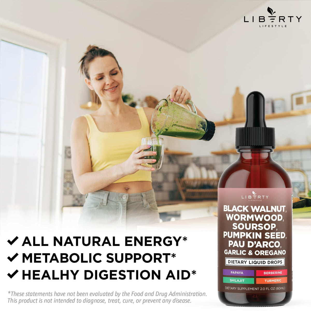 Liberty Lifestyle Complément Alimentaire Liquide 240 ml sur une table avec d'autres ingrédients