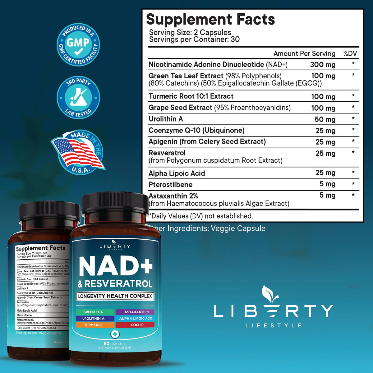 Liberty Lifestyle Complément Alimentaire NAD+ 300 mg, capsules en gros plan