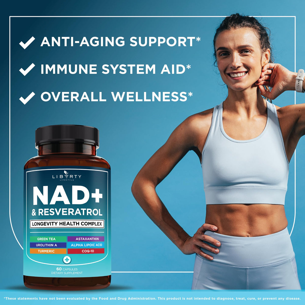 Liberty Lifestyle Complément Alimentaire NAD+ 300 mg, capsules sur une surface