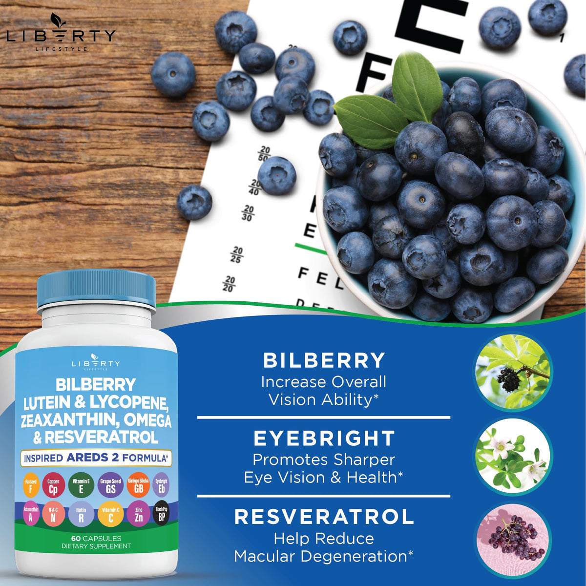 Liberty Lifestyle Compléments Alimentaires Œil vue de côté avec dimensions
