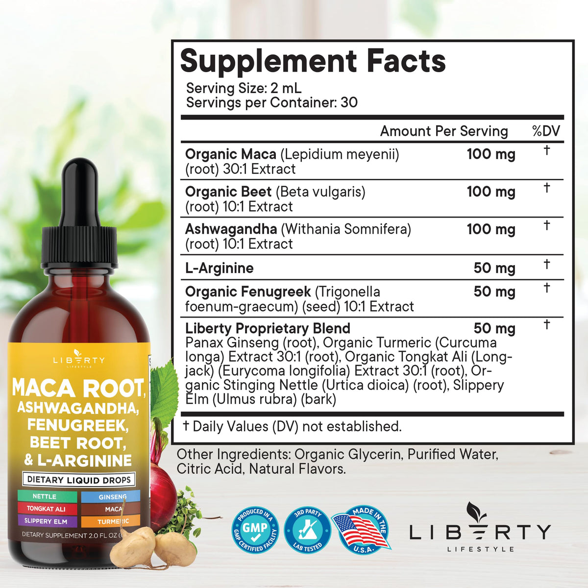 Liberty Lifestyle Gouttes Liquides de Racine de Maca avec ingrédients sur l'étiquette