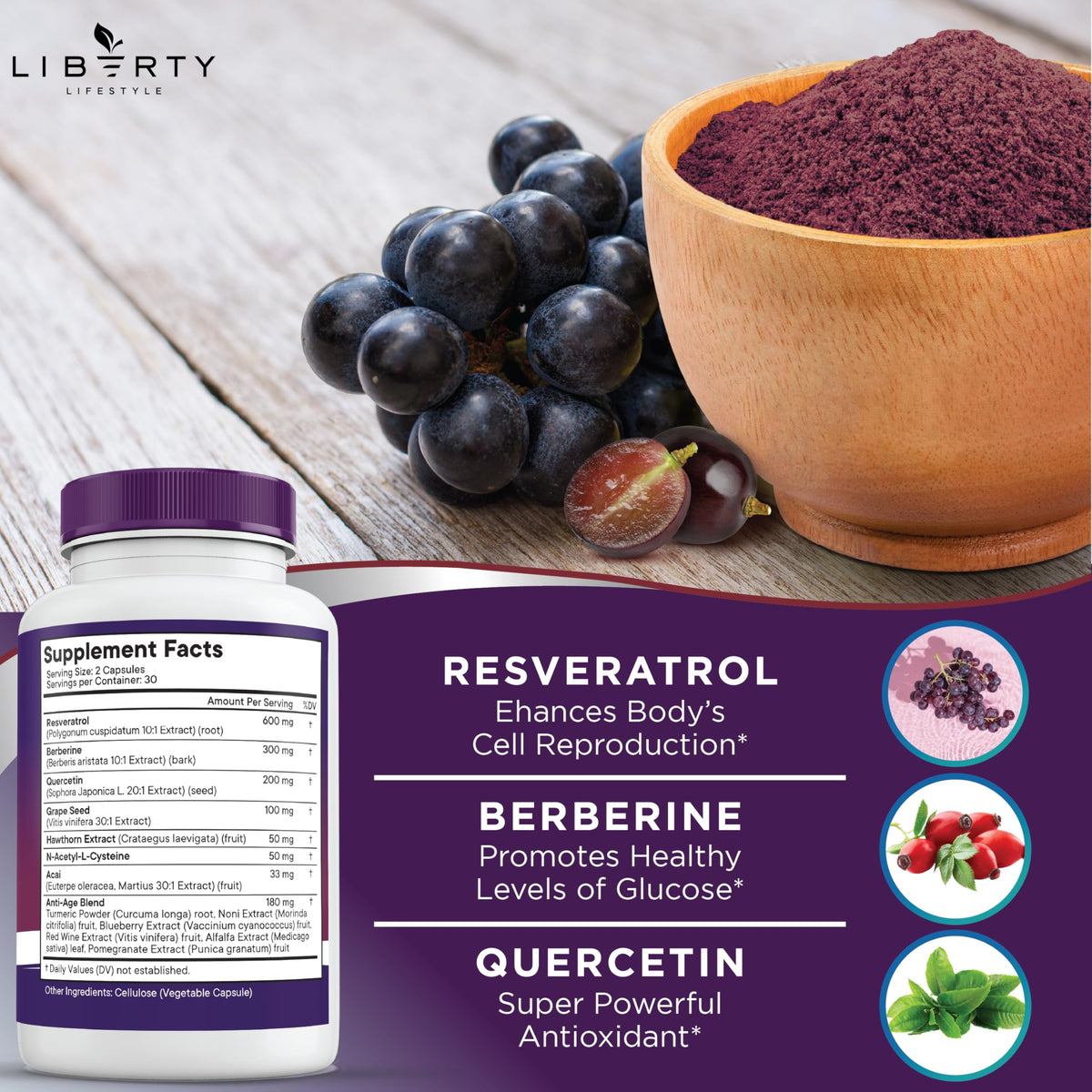Liberty Lifestyle Resveratrol 180 gélules - aperçu des ingrédients