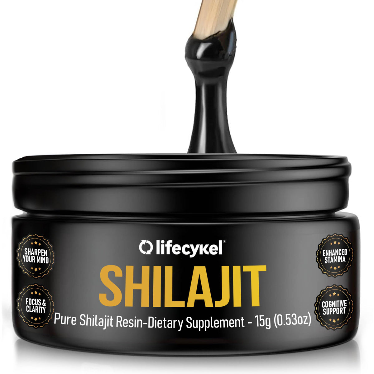 Life Cykel Résine de Shilajit Pure 15g pot ouvert avec résine