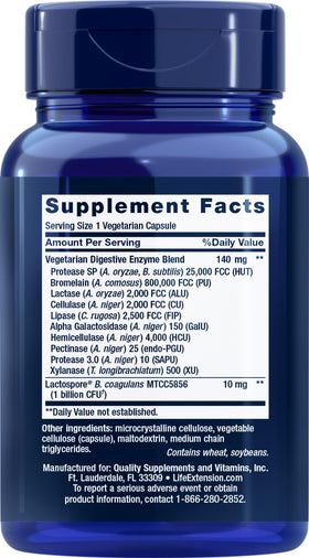 Life Extension 90 capsules végétariennes de enzymes et probiotiques vue arrière