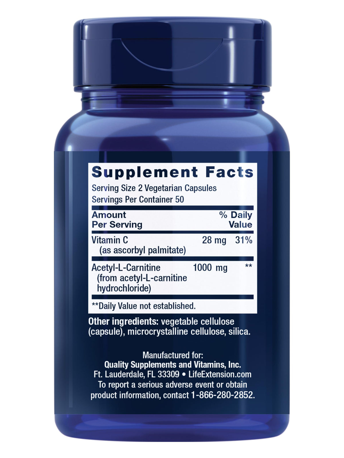 Life Extension Acetyl-L-Carnitine 100 capsules, vue arrière