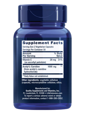Life Extension Acetyl-L-Carnitine 100 capsules, vue arrière