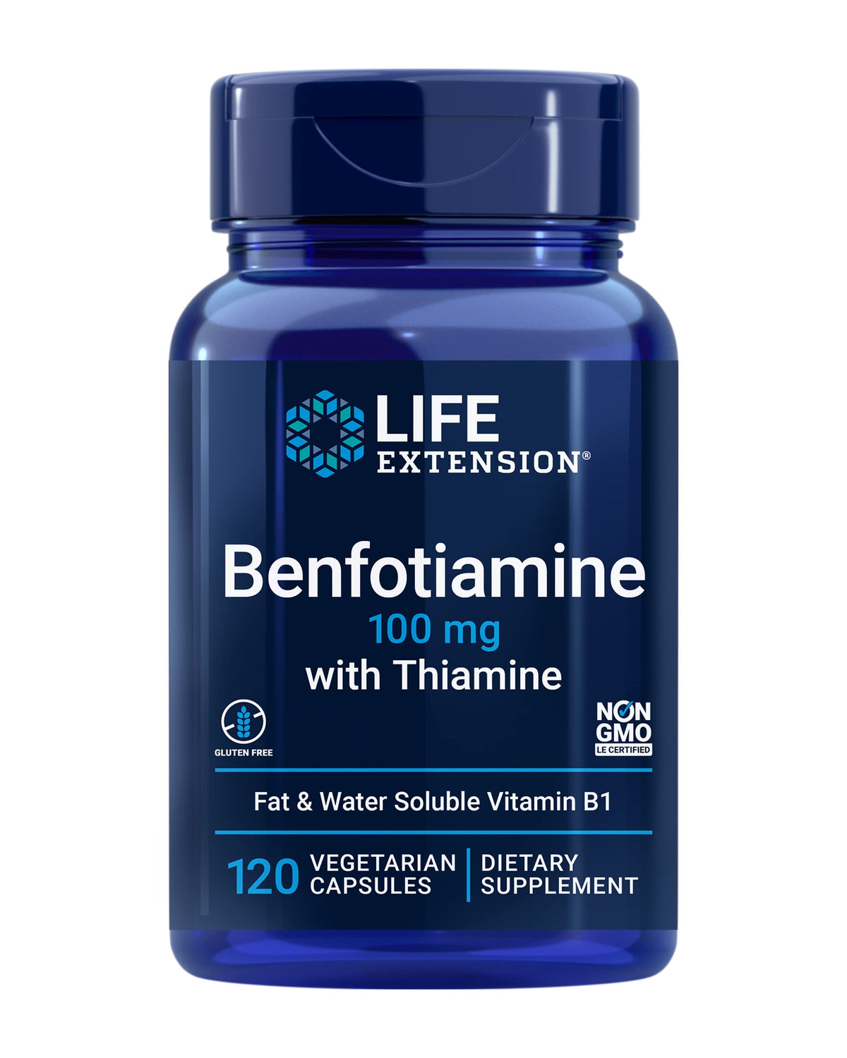 Life Extension Benfotiamine 100 mg capsules végétariennes devant l'emballage