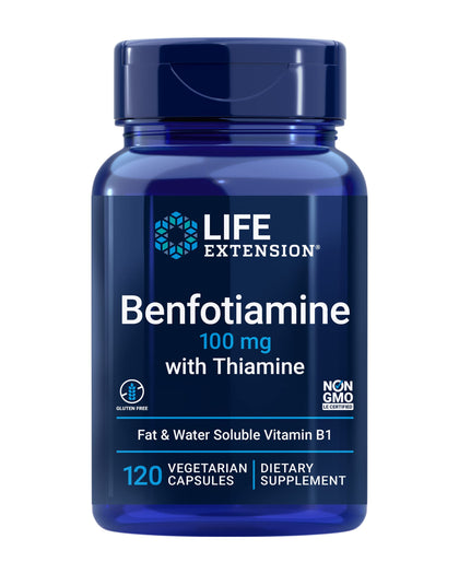 Life Extension Benfotiamine 100 mg capsules végétariennes devant l'emballage