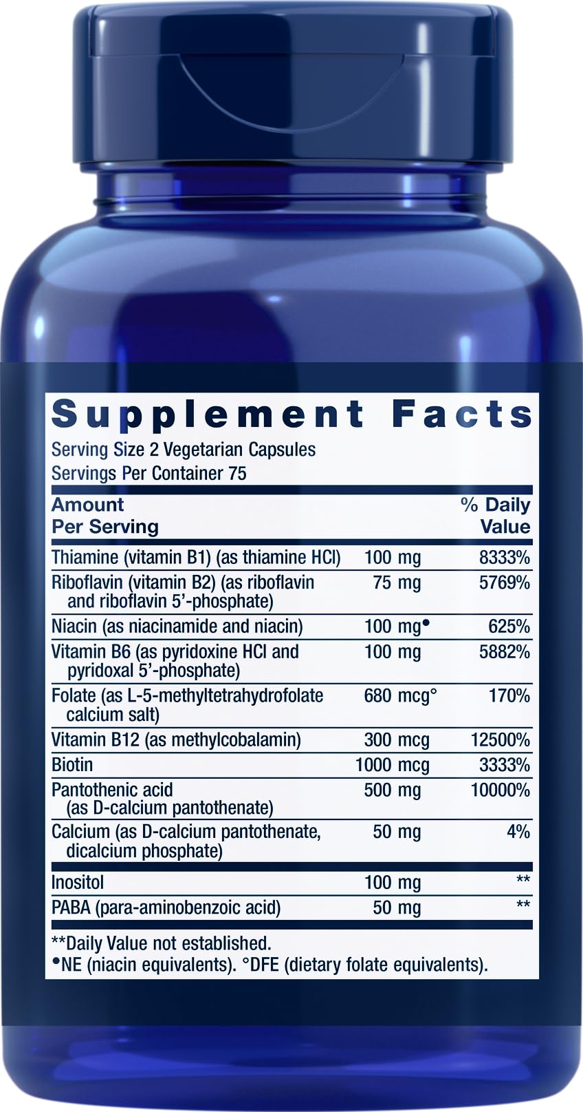 Life Extension BioActive Complete B-Complex 150 Capsules Végétariennes, étiquette avec ingrédients