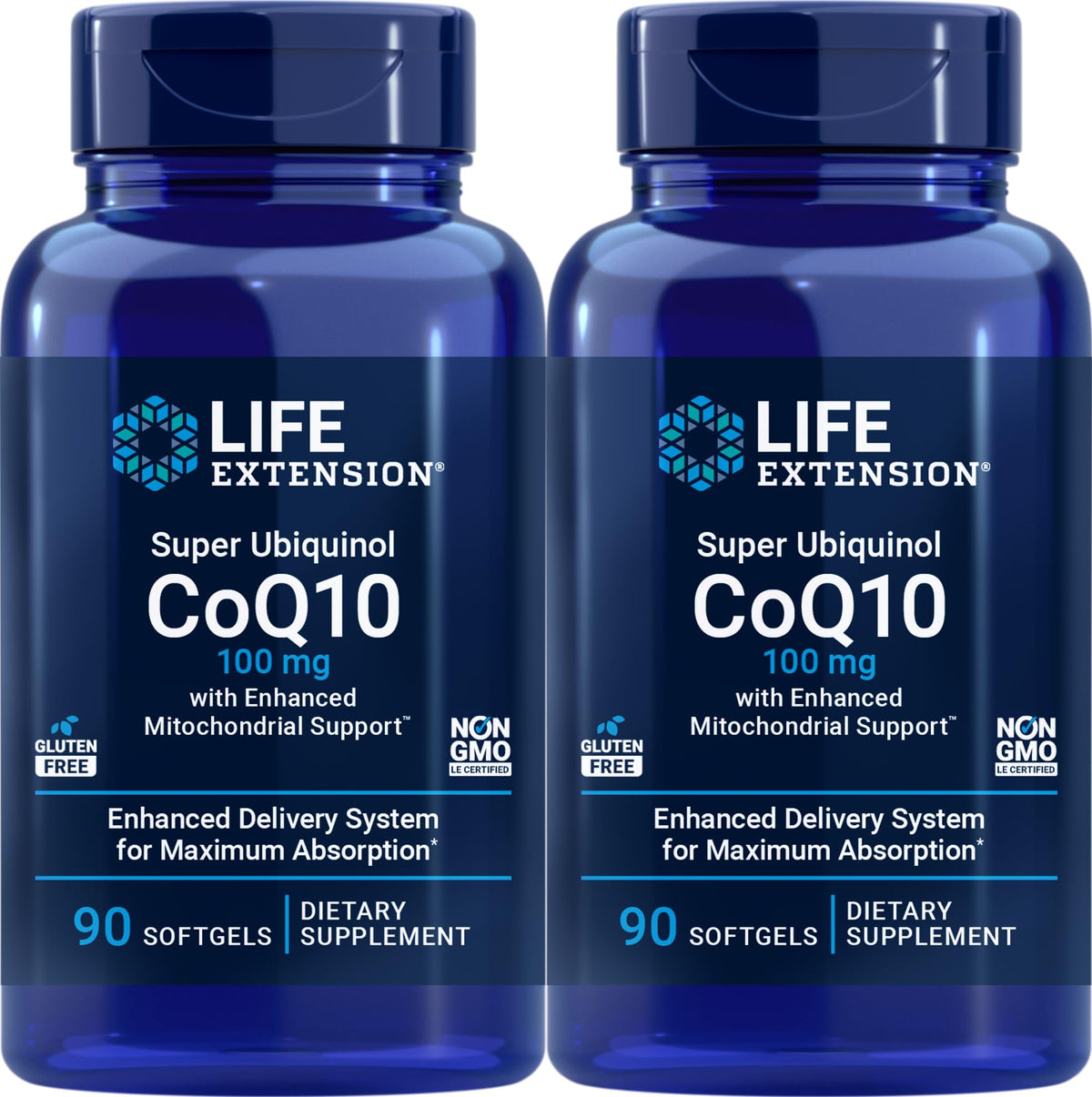 Life Extension CoQ10 Super Ubiquinol 100 mg devant et arrière des deux bouteilles