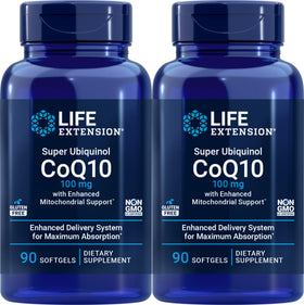Life Extension CoQ10 Super Ubiquinol 100 mg devant et arrière des deux bouteilles