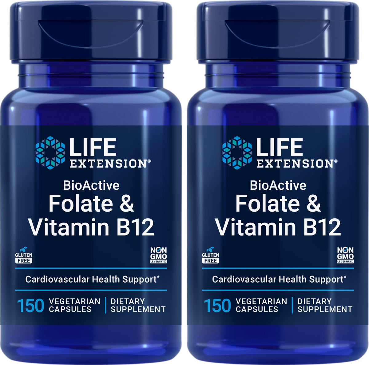 Life Extension Folate BioActif et Vitamine B12 150 gélules végétariennes vue de face