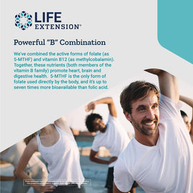 Life Extension Folate BioActif et Vitamine B12 gélules avec ingrédients naturels en arrière-plan