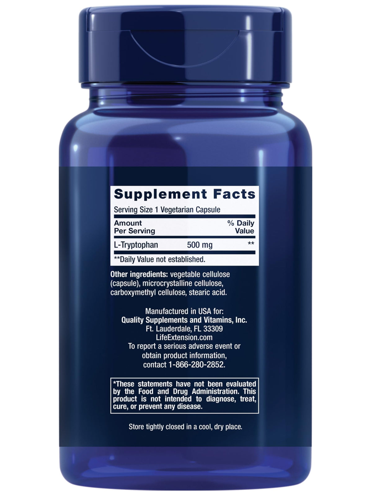 Life Extension L-Tryptophan 500 mg side view with label