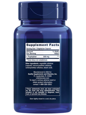 Life Extension L-Tryptophan 500 mg side view with label