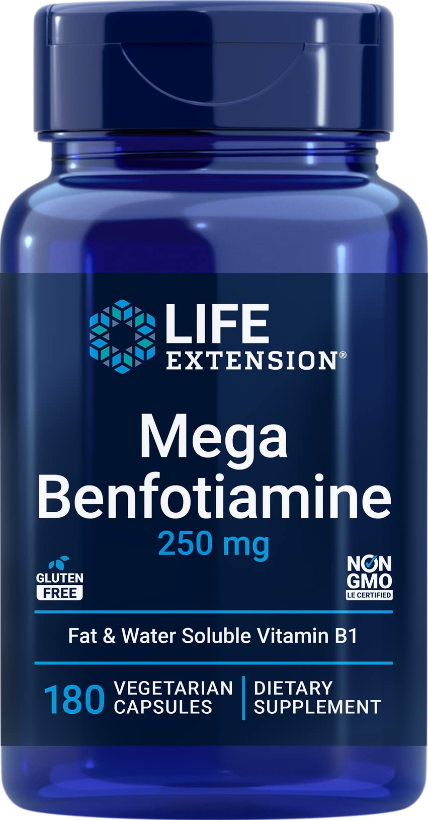 Life Extension Mega Benfotiamine 250 mg 180 capsules végétariennes, vue de l'emballage